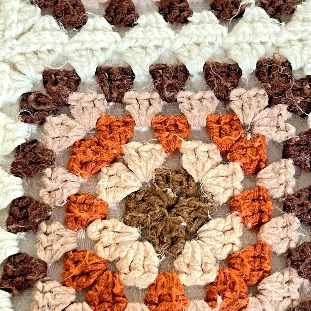 VTG Handmade Afghan Granny Square Crochet Retro Earth Tones-Boho Style w/ Fringe